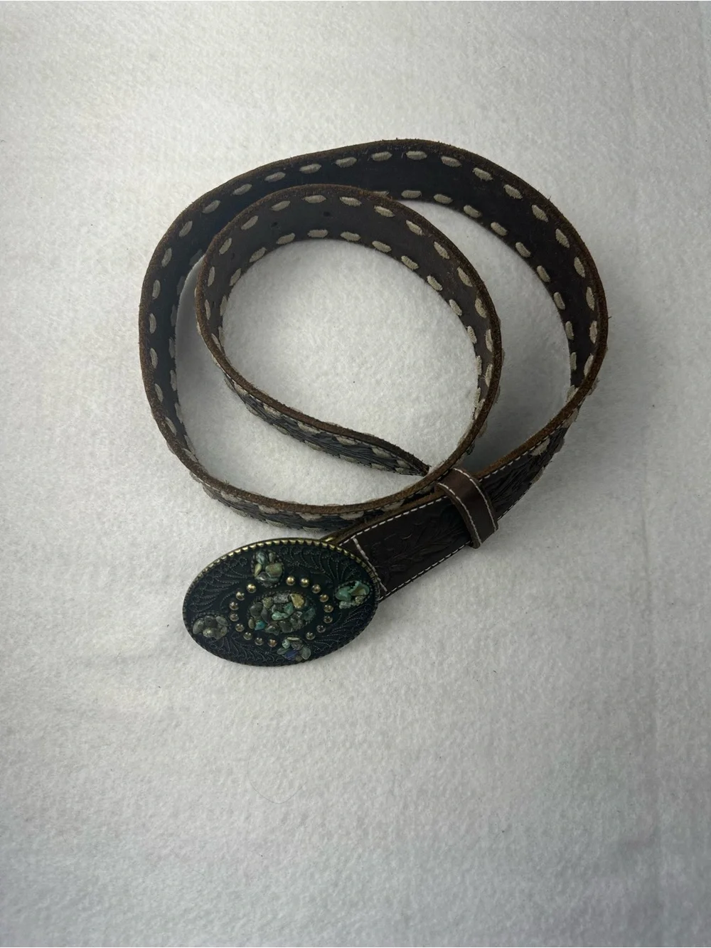 Brown Western Embossed Leather Belt with Decorative Oval Buckle